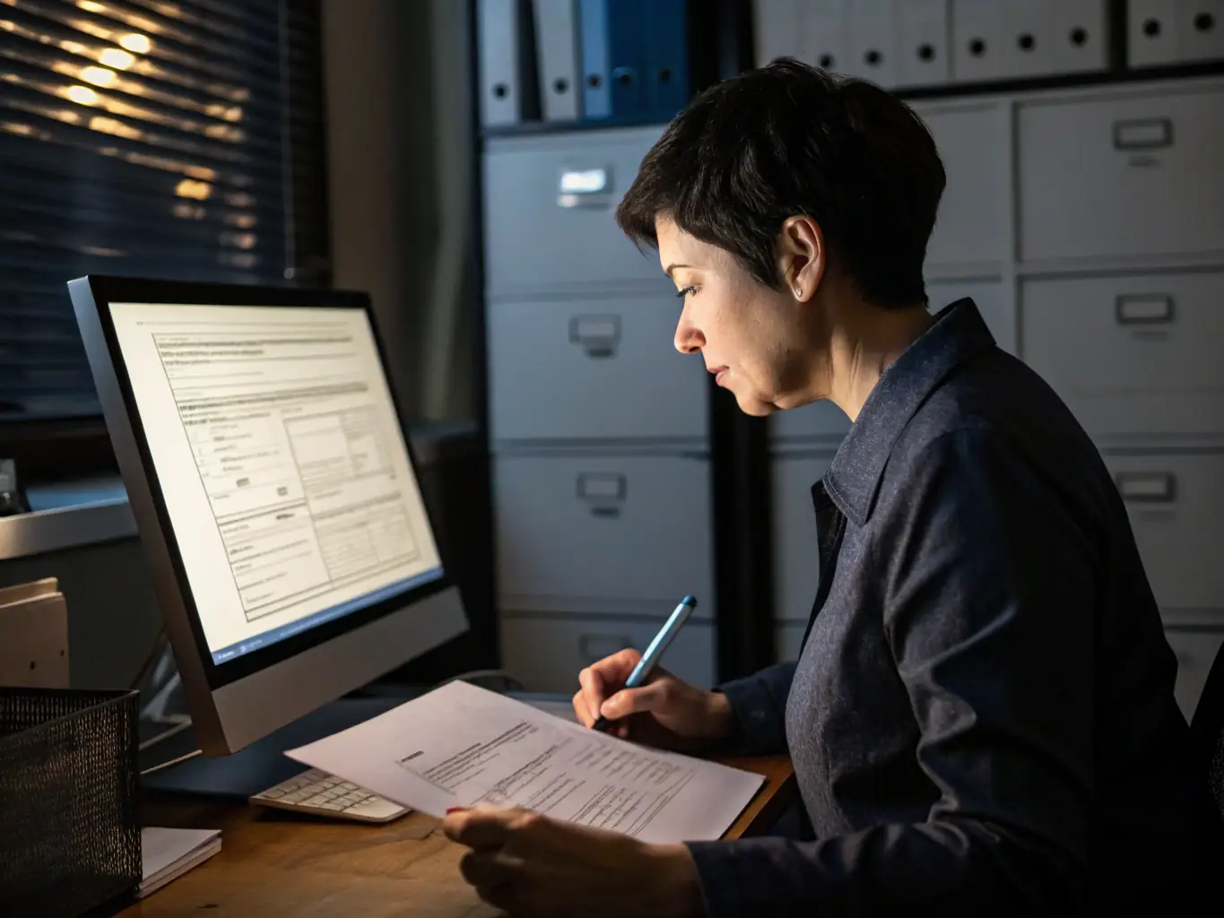 A compliance officer reviewing regulatory documents and cybersecurity frameworks, ensuring adherence to industry standards.