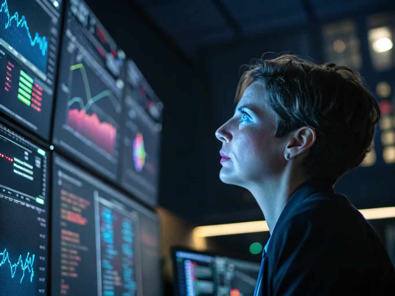 A network administrator monitoring network traffic on a dashboard, ensuring optimal performance and security for a business network.