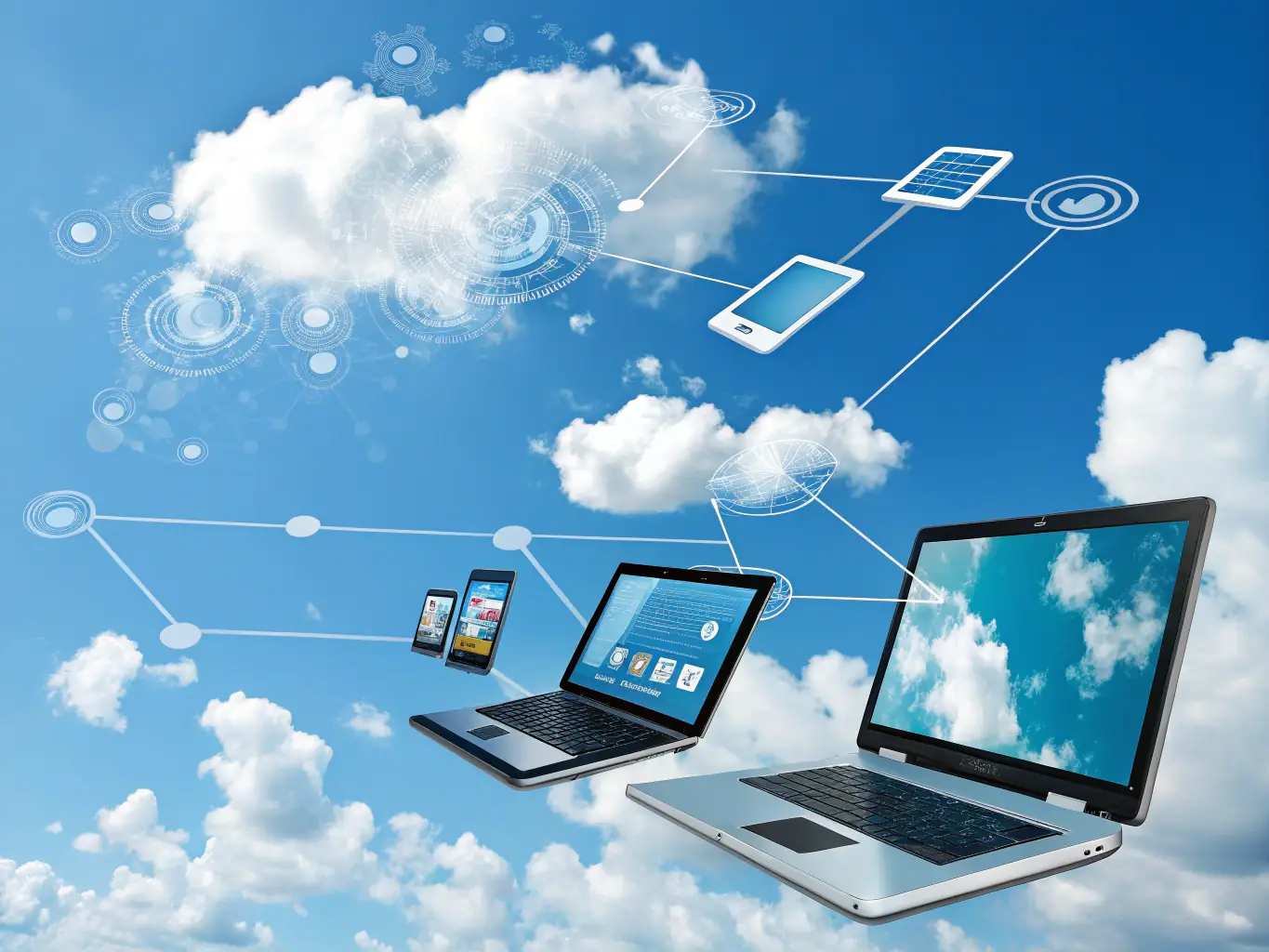 An illustration of cloud computing infrastructure, highlighting the scalability and accessibility of cloud-based networks.