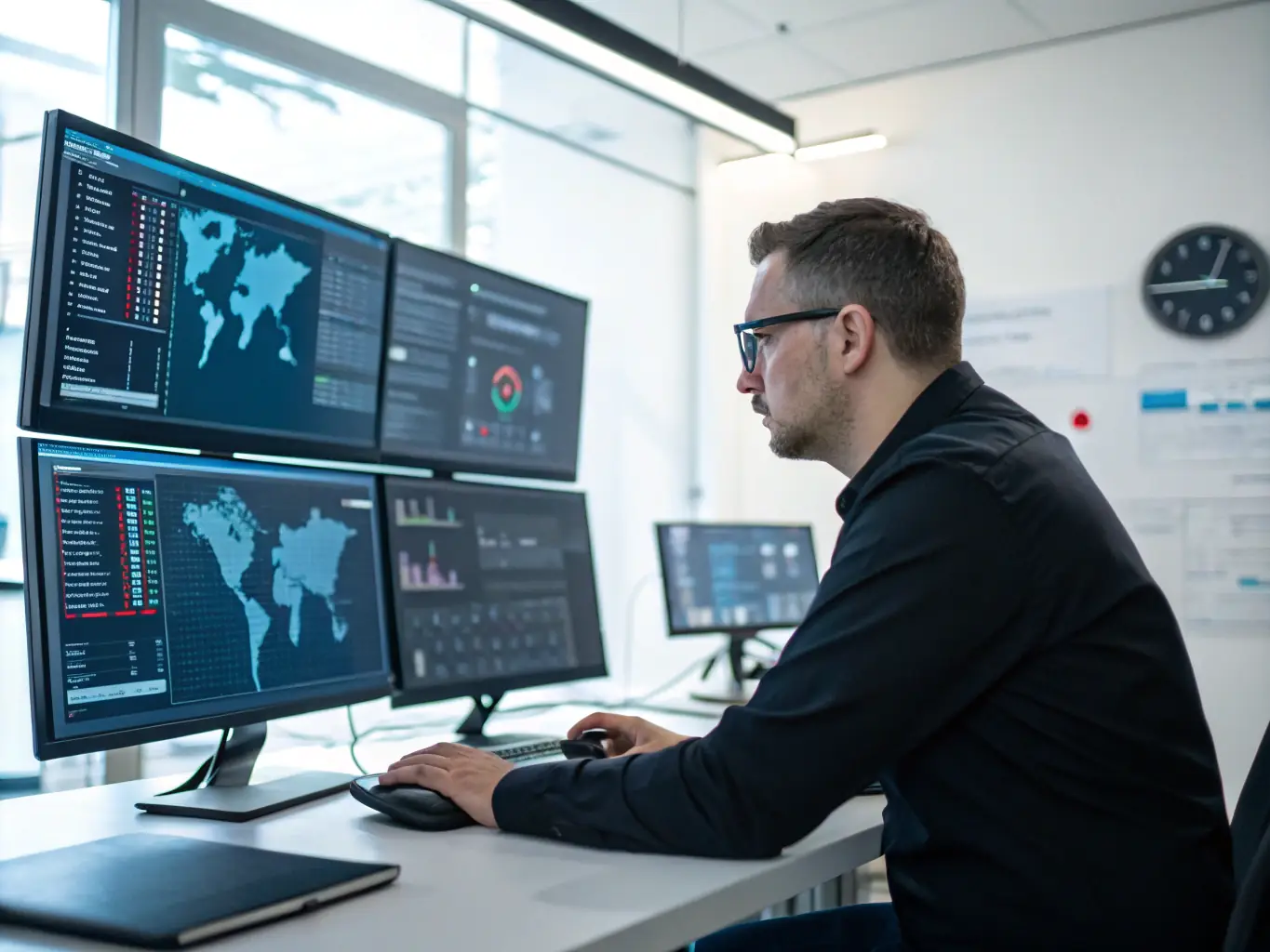 A professional IT security analyst is monitoring a network security dashboard, showing real-time threat detection and analysis.